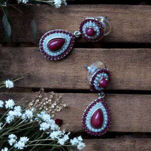 Vintage Red and White Beaded Teardrop Earrings With Intricate Detailing
